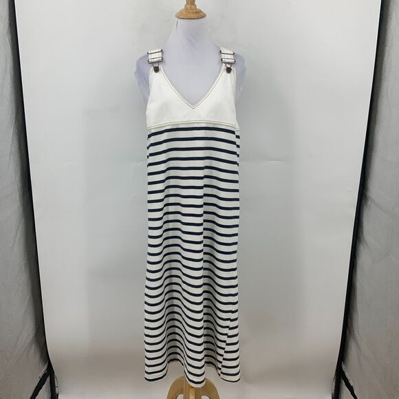 Zara Pinafore Stripe Midi Dress Womens M Medium Adjustable Wide Straps V Neck - Picture 2 of 13